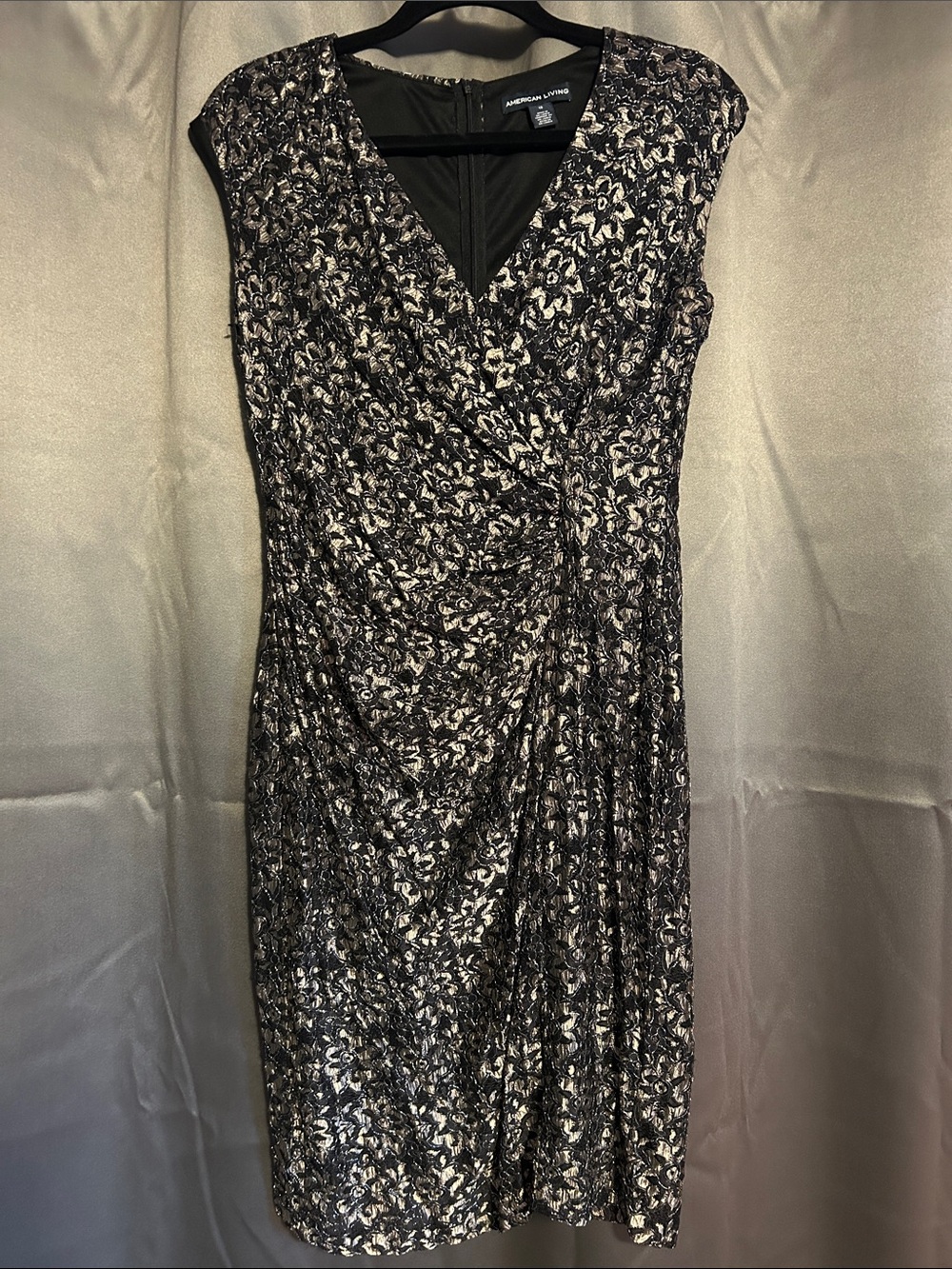 American Living Black and Cream Floral Faux-Wrap Midi Dress